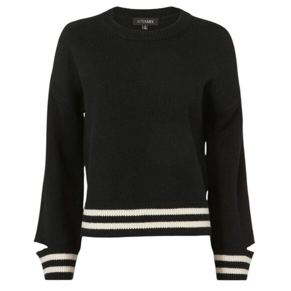 Intermix Bowie  Stripe Cropped Knit Top Women's Black Sweater with White Stripes - Picture 5 of 10